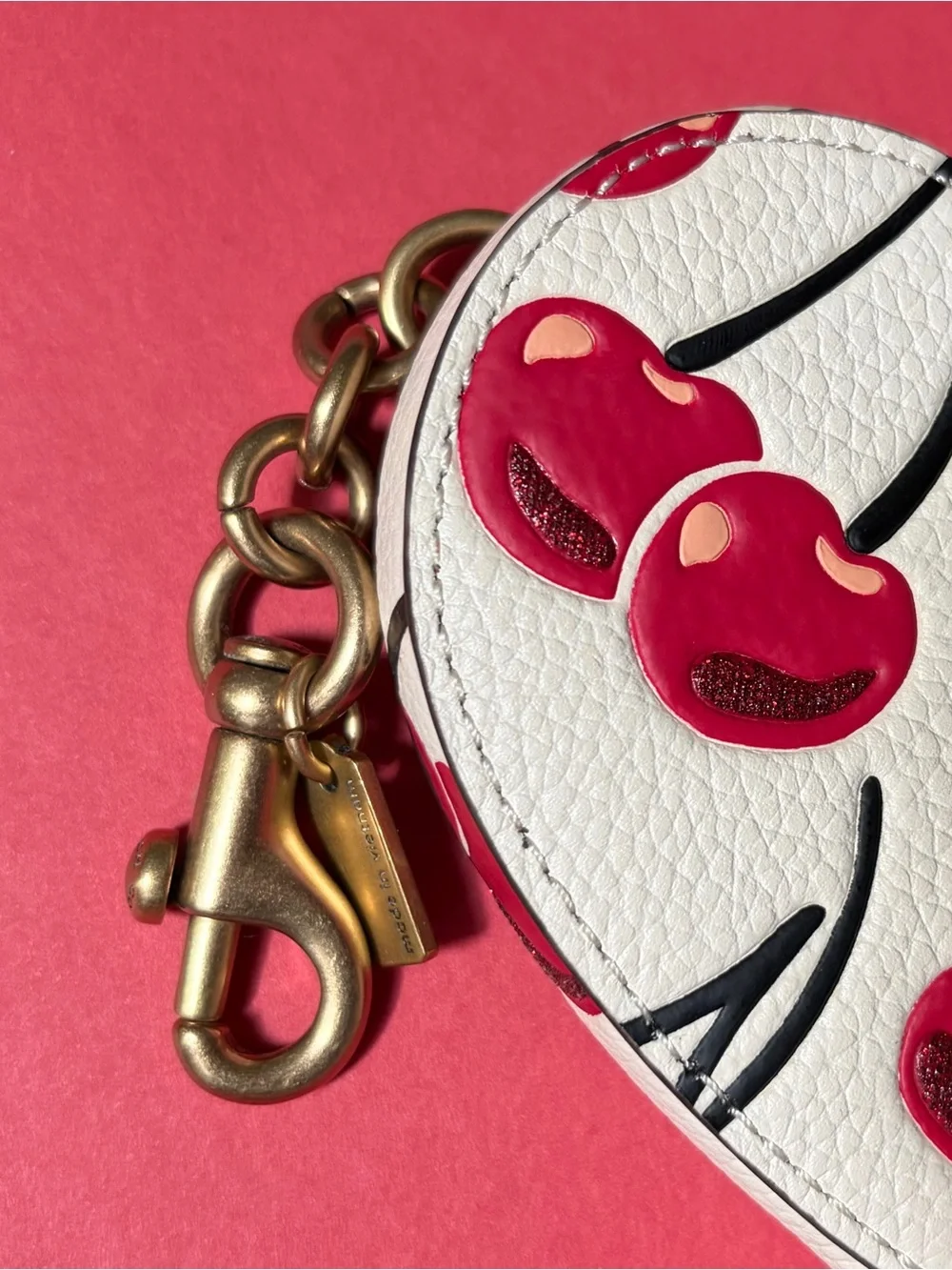 Coach Heart Key & Card Holder - White with Red Cherries